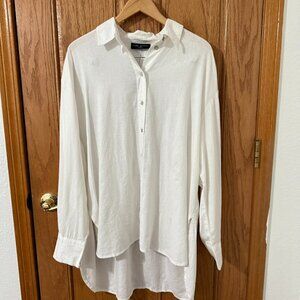 LANE BRYANT 14/16 NO PEEK COLLECTION WHITE LINEN BLEND HIGH LOW BUTTON UP SHIRT